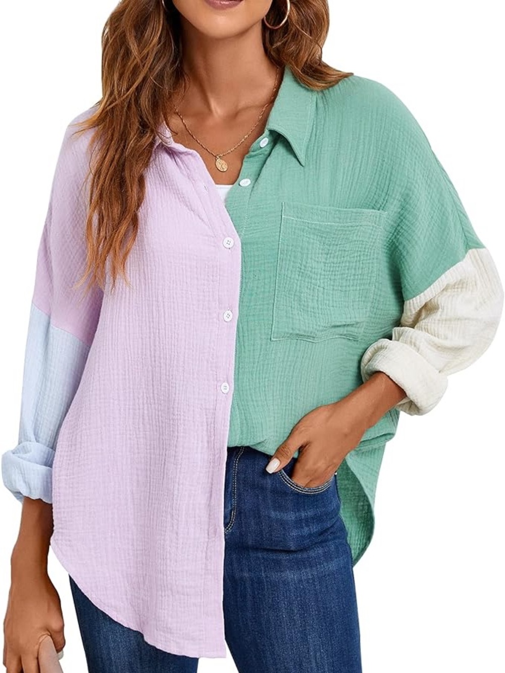 BMJL Womens Button Down Ultra-Soft Textured Color Block Top